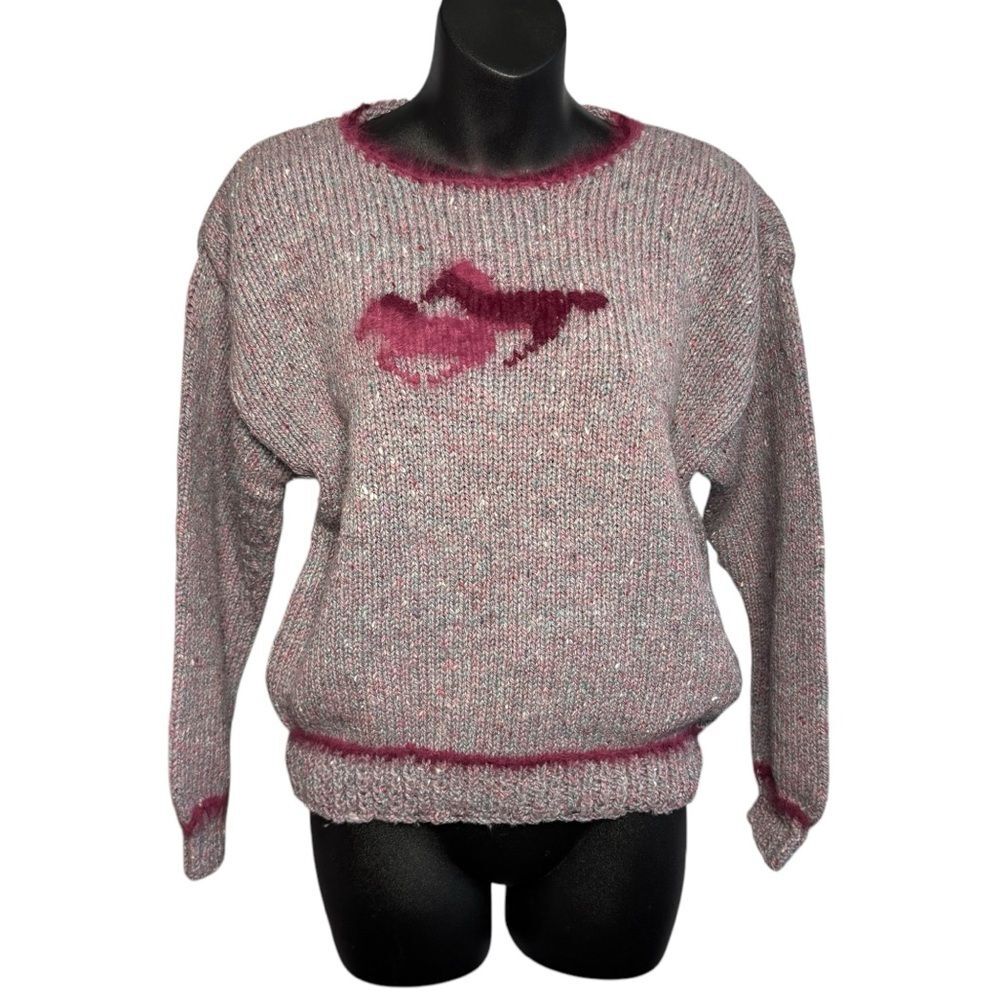 Vintage Purple Speckled Mohair Blend Galloping Horses Graphic Sweater Size Small